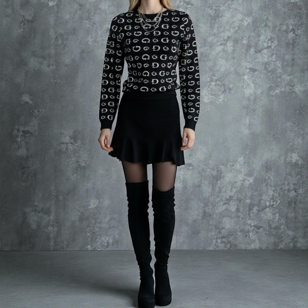 GUESS All Over Monogram Logo Black & White Knit Pullover Long Sleeve Sweater